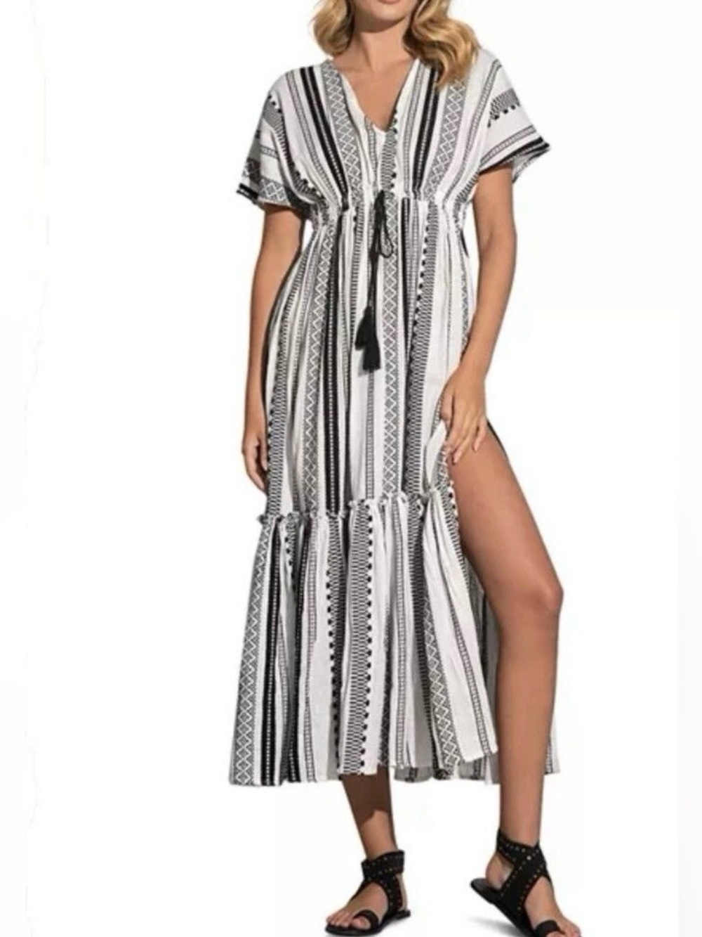 Elan Boho Aztec Short Sleeve Cotton Maxi Dress